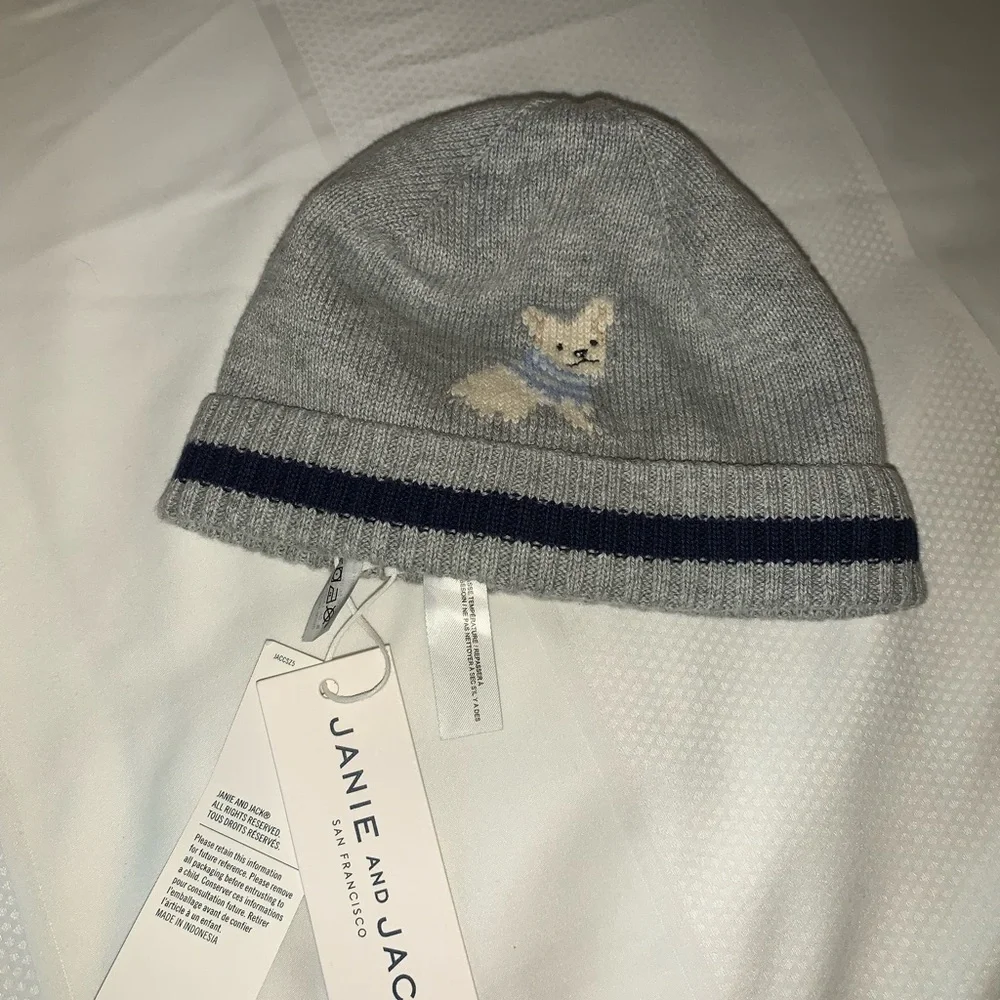 Janie and Jack grey beanie knit hat with embroidered‎ dog age 3 - 6 months New